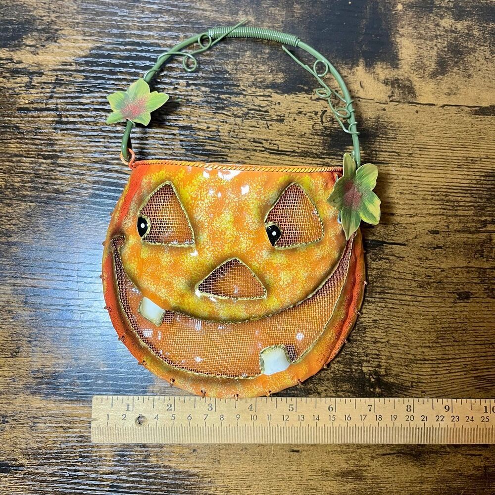 Vintage Jack O Lantern Metal Tin Pumpkin Wall Pocket Happy Halloween - Picture 2 of 6